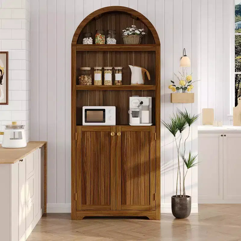 Meuble haut arqué GustoWave 71.6, Bibliothèque à 5 niveaux avec portes et étagères réglables, Armoire de rangement