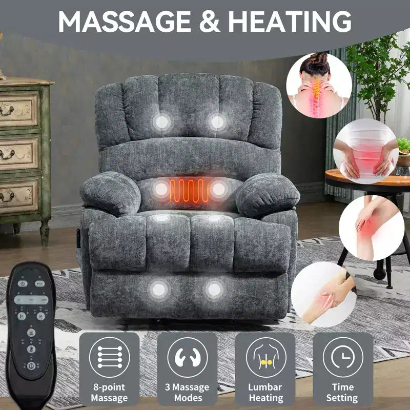 CLIHOME Fauteuil inclinable électrique releveur en chenille grande taille, largeur d'assise 23 pouces et dossier haut, avec massage vibrant 8 points et chauffage lombaire
