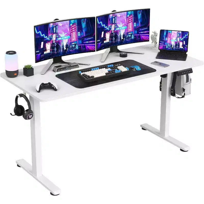 PexFix Bureau assis-debout électrique 140 x 60 cm, plateau blanc, réglable en hauteur, avec plateau fendu pour bureau à domicile