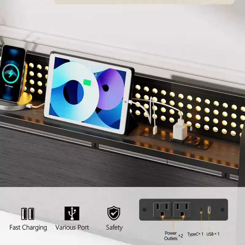 Cadre de lit plateforme pleine grandeur 2 tiroirs de rangement Tête de lit Lumières LED Station de charge Métal Bois robuste Pas besoin de sommier Chambre d'amis USB