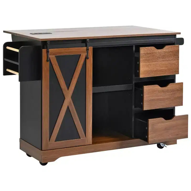 Îlot de cuisine de ferme Whisen 55.5 avec abattant, porte coulissante et station de recharge, design roulant