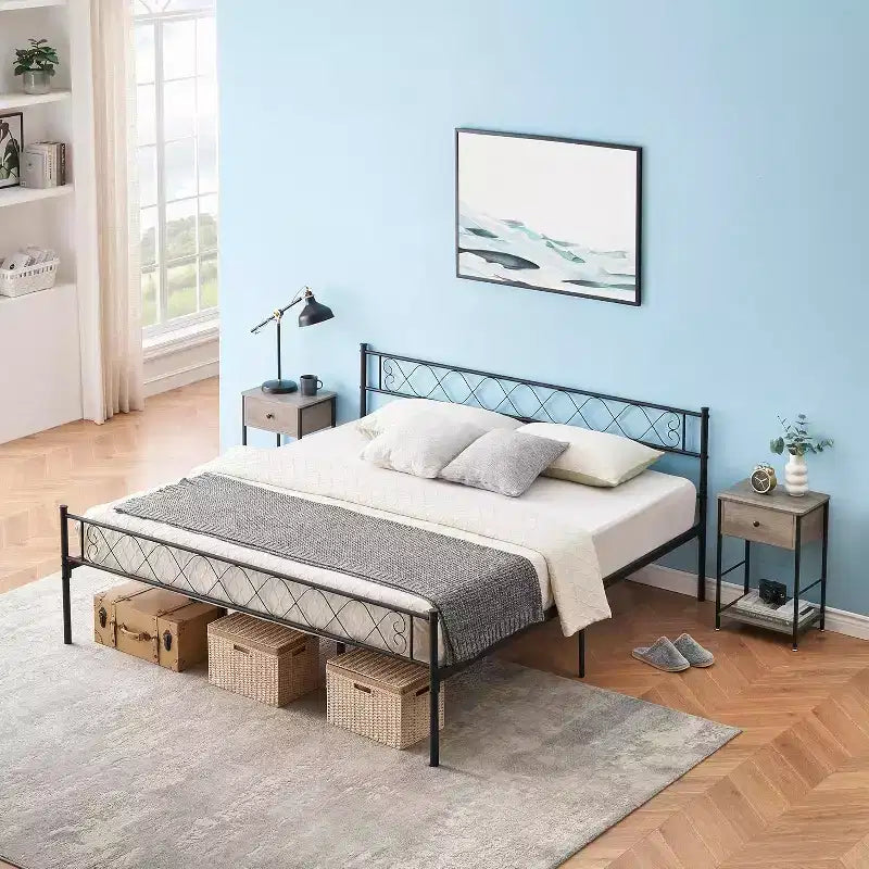 Cadre de Lit Moderne en Métal 1 Pièce - Rangement sous le Lit de 34,8 cm, Tête et Pied de Lit avec Lattes Métalliques, Aucun Sommier Tapissier Requis
