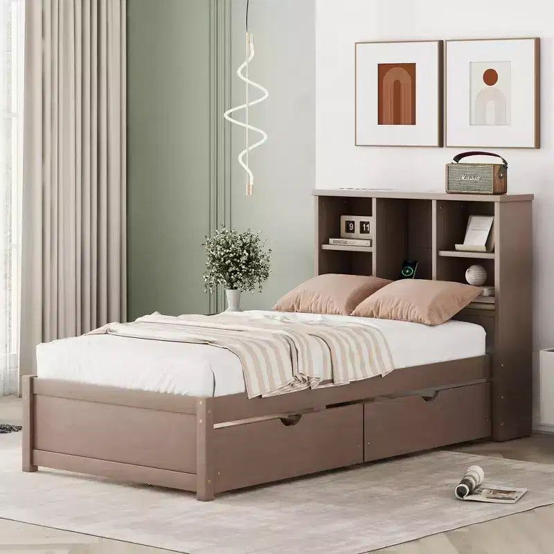 Bellemave Lit plateforme jumeau avec tête de lit bibliothèque et 2 tiroirs de rangement, lit plateforme en panneau de particules avec port de chargement USB