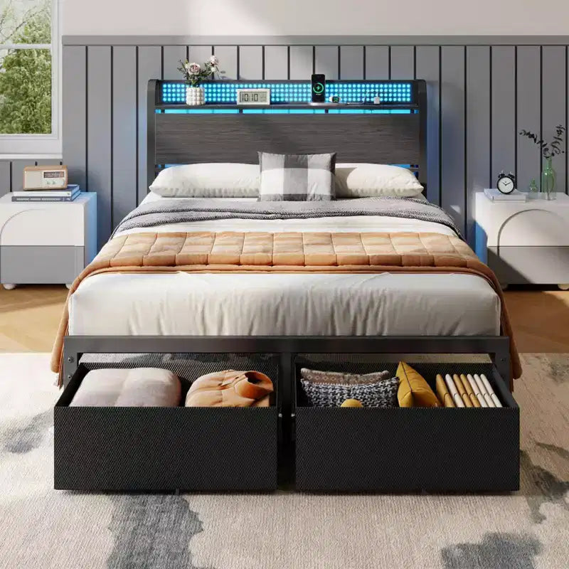 Cadre de lit plateforme pleine grandeur 2 tiroirs de rangement Tête de lit Lumières LED Station de charge Métal Bois robuste Pas besoin de sommier Chambre d'amis USB