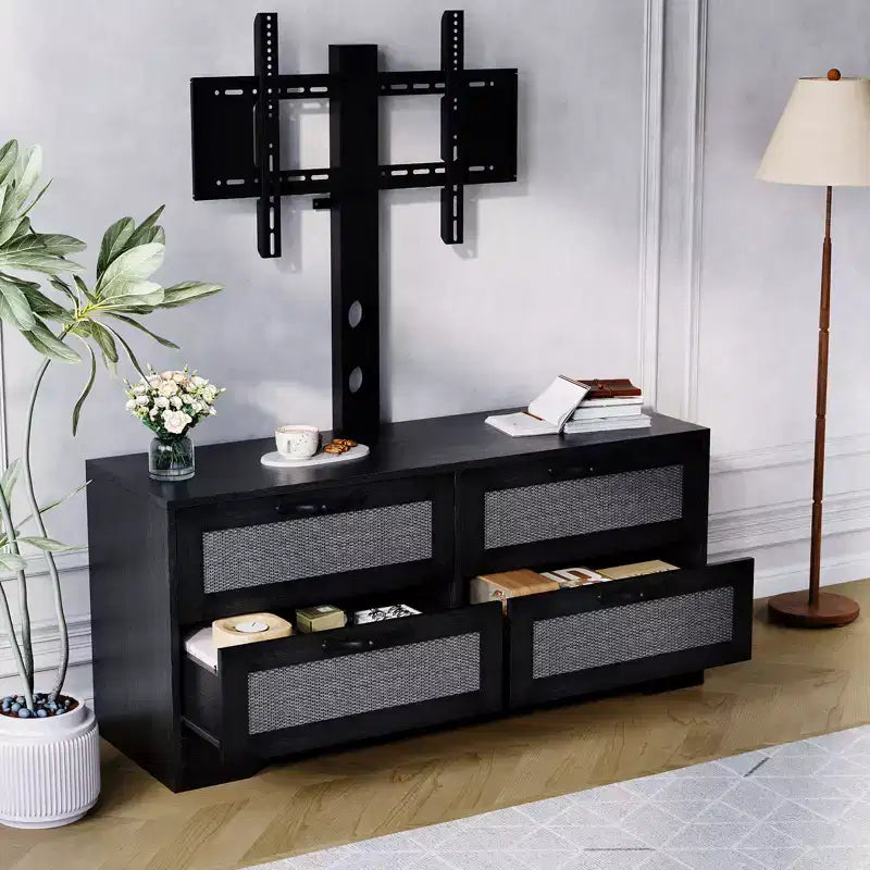 Meuble TV bahut de style campagnard pour téléviseurs jusqu'à 70'', 4 tiroirs, portes en rotin, meuble de rangement en bois, console média pour chambre ou salon