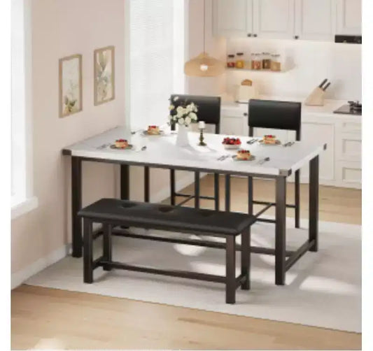 1 ensemble de salle à manger industriel avec 1 table + 1 banc + 2 chaises, panneau de particules et MDF,