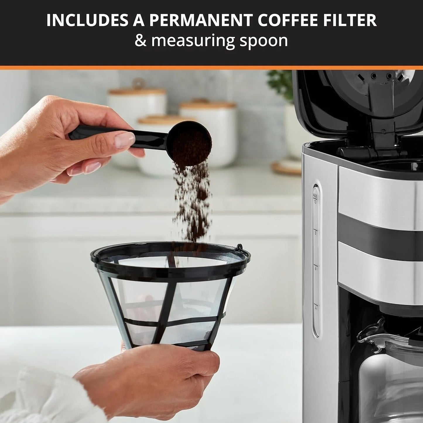 Cafetière numérique 10 tasses, acier inoxydable noir, programmation de l'infusion, pause et service automatiques