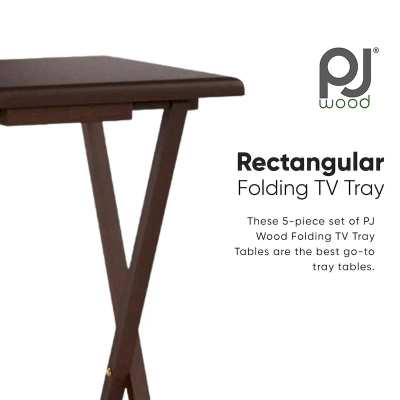 Tables de service pliantes pour télévision PJ Wood avec support de rangement compact, expresso, ensemble de 5 pièces - 36.38