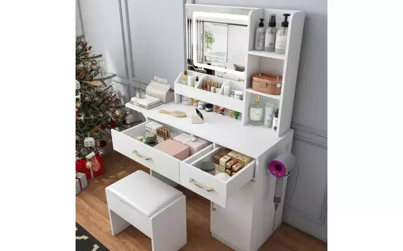 Coiffeuse JVNOXK avec miroir lumineux LED et prise électrique, 3 tiroirs, 7 étagères et tabouret de rangement, convient aux femmes, blanc
