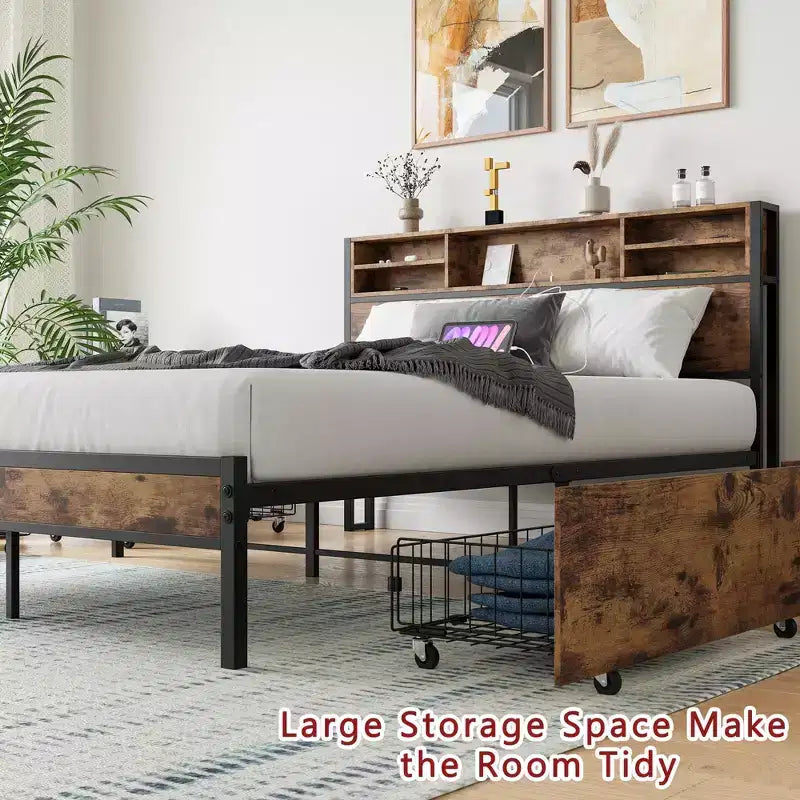 MAYEERTY Lit Plateforme Marron en Métal Taille Queen avec Cadre 4 Tiroirs de Rangement Tête de Lit en Bois Station de Recharge Pas de Sommier Tapissier Sans Bruit Assemblage Facile