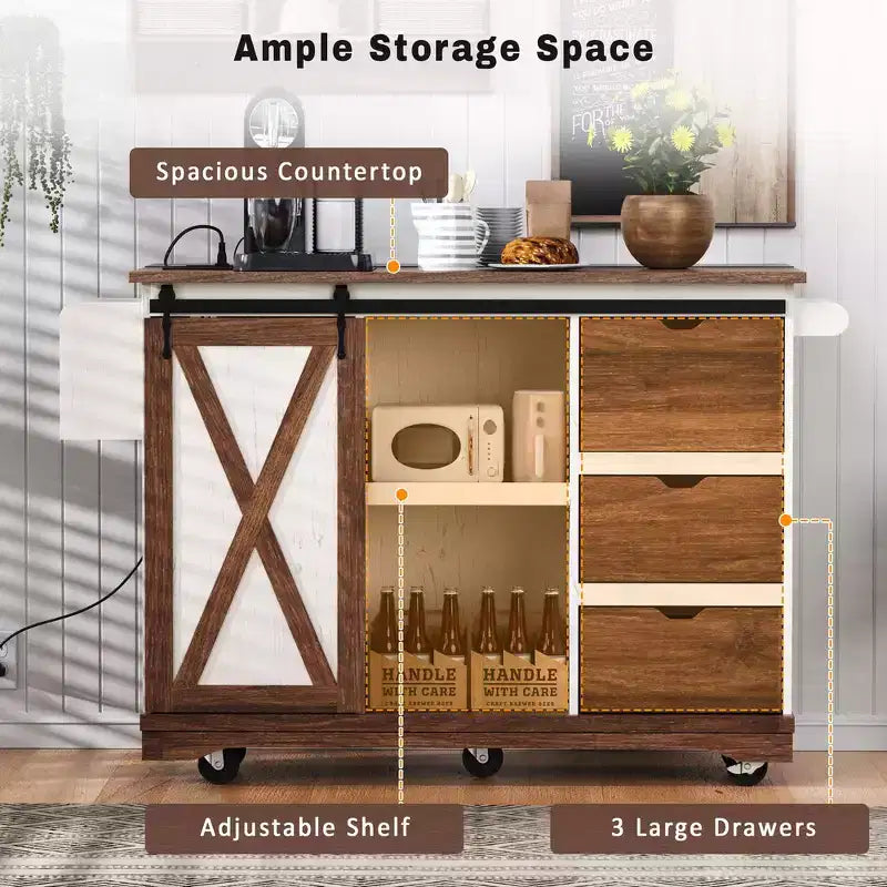 Îlot de cuisine de ferme Whisen 55.5 avec abattant, porte coulissante et station de recharge, design roulant