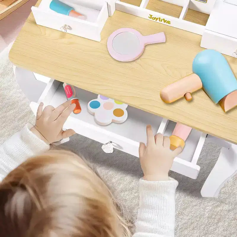 Freniland - Coiffeuse Princesse pour Enfants avec Miroir Lumineux et Tabouret, Table de Maquillage en Bois avec Tiroirs de Rangement