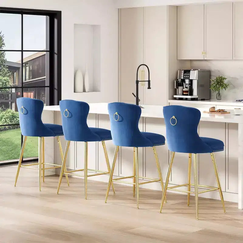 PexFix Lot de 2 tabourets de bar en velours, hauteur comptoir, pieds en métal, dossier ailé capitonné avec boutons et clous décoratifs, couleur bleue