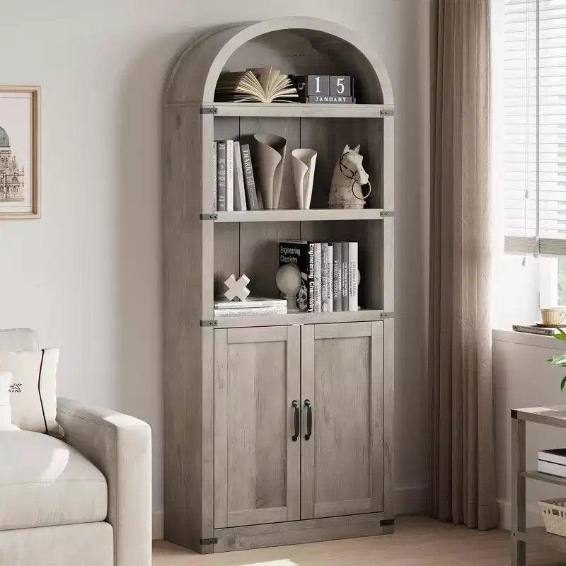 Bibliothèque GustoWave avec portes, étagère arquée de 182 cm de haut, meuble de rangement de style ferme avec étagères, bibliothèques en bois pour bureau à domicile