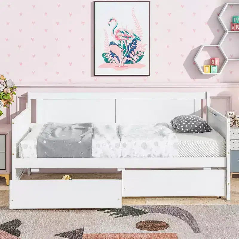 Lit de repos double avec deux tiroirs de rangement, Lit plateforme en bois avec rangement pour chambre à coucher