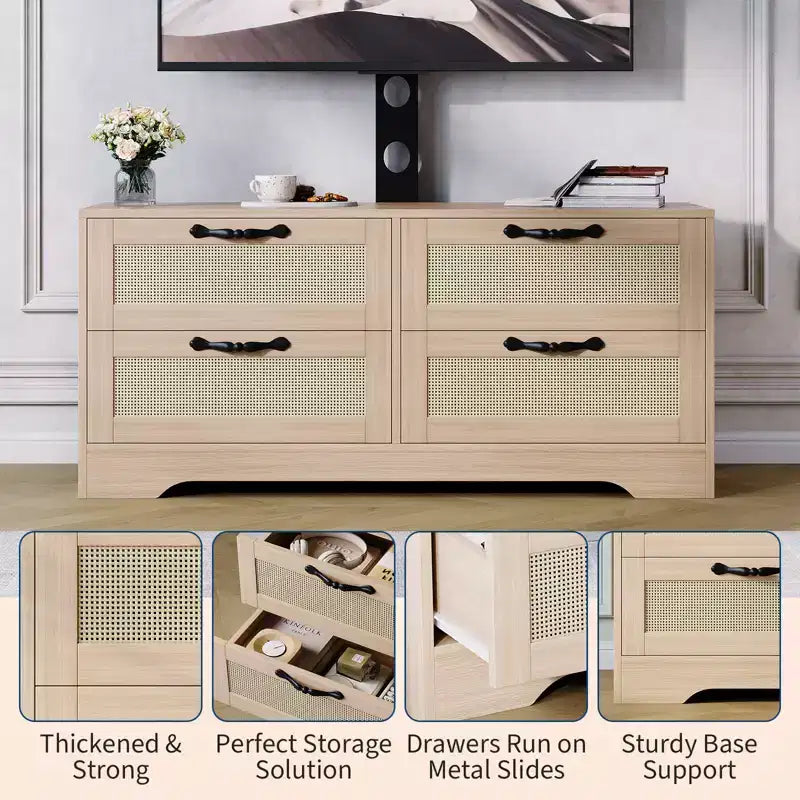 Meuble TV bahut de style campagnard pour téléviseurs jusqu'à 70'', 4 tiroirs, portes en rotin, meuble de rangement en bois, console média pour chambre ou salon