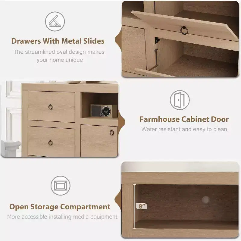 Meuble TV blanc de style ferme pour téléviseurs 75-80 pouces - Console média longue de 70 pouces avec 6 tiroirs et étagère pour barre de son pour salons, chambres à coucher