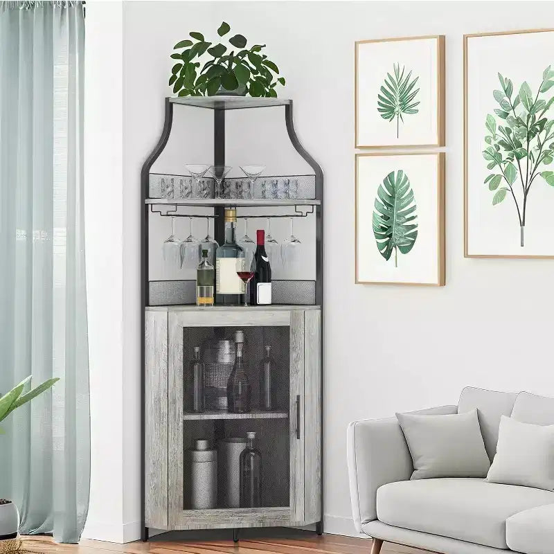 Meuble de bar d'angle CuisinSmart avec casier à vin amovible, meuble de bar avec porte-verres, petit buffet et armoire de rangement avec porte grillagée