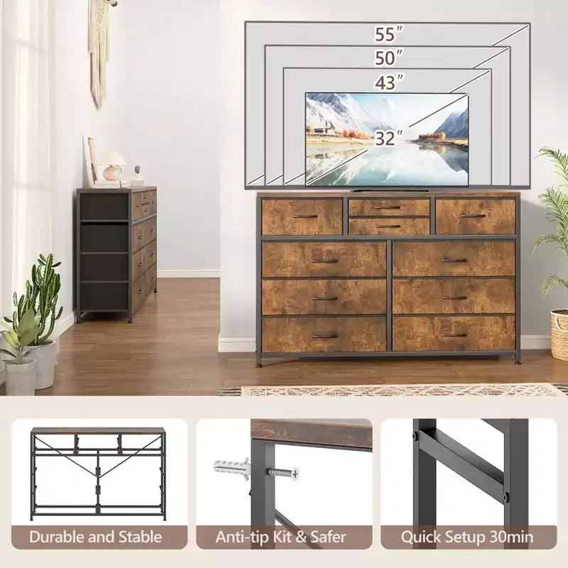 Commode à 10 tiroirs pour chambre, commode avec bacs en tissu, meuble TV pour téléviseurs jusqu'à 5 pouces, organisateur de rangement