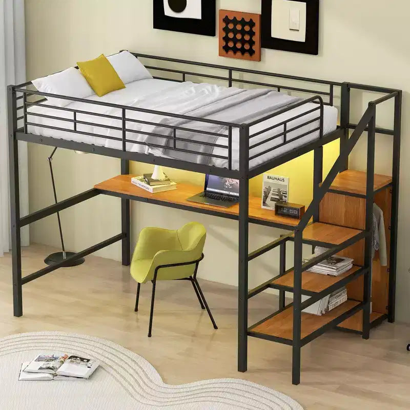 Okak Lit superposé en métal grandeur nature avec bureau et escalier de rangement et barrière de sécurité Lit mezzanine avec petite armoire et LED pour enfants adolescents Assemblage facile