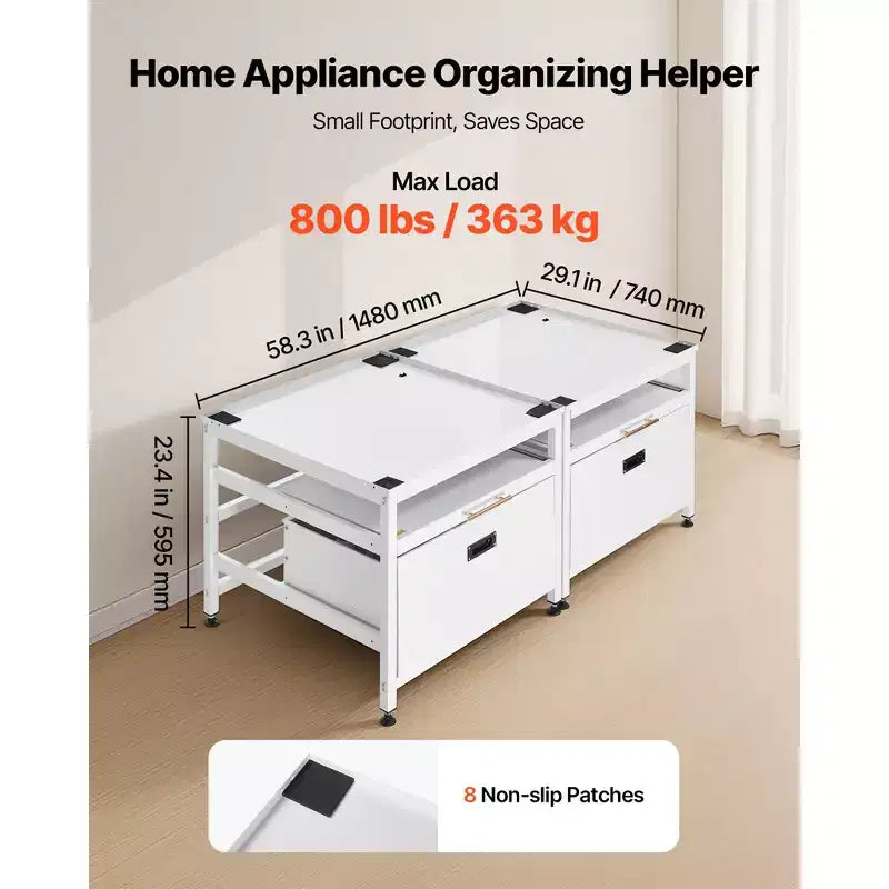 Socle de lave-linge et sèche-linge VEVOR, hauteur 57,4 cm, 73,6 x 73,6 cm, avec tiroir coulissant et espace de rangement, capacité de charge 362,9 kg, antidérapant, blanc