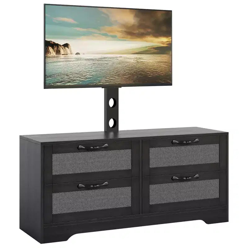 Meuble TV bahut de style campagnard pour téléviseurs jusqu'à 70'', 4 tiroirs, portes en rotin, meuble de rangement en bois, console média pour chambre ou salon