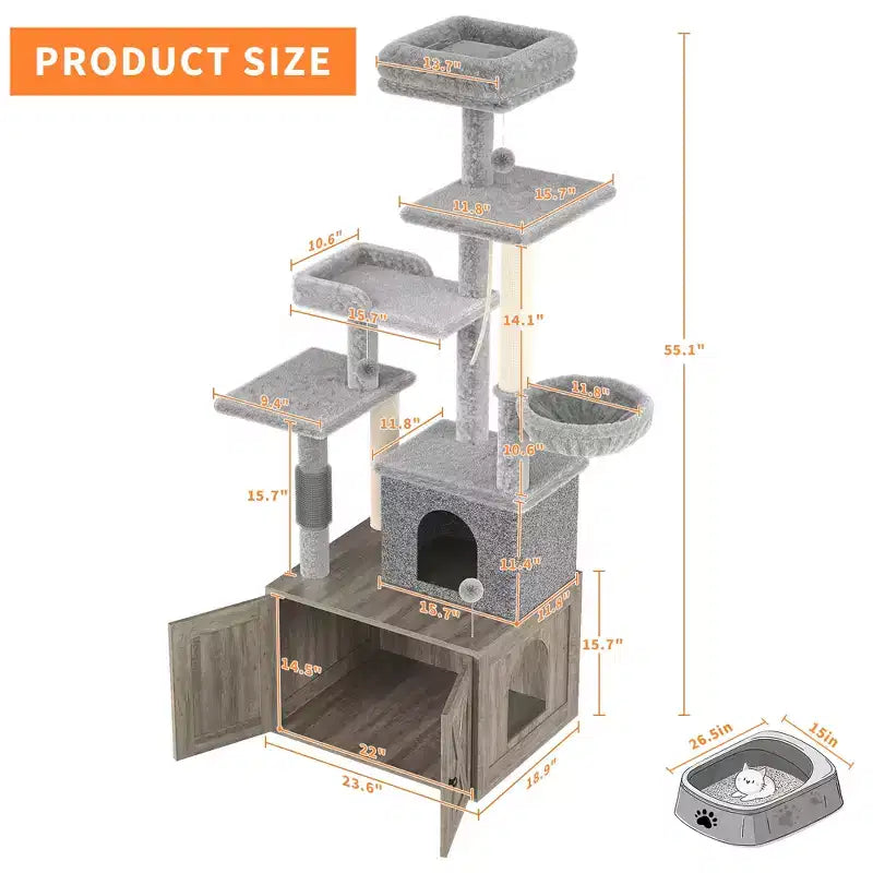 Arbre à chat et tour d'activité moderne 2-en-1 avec cache-litière, meuble pour chat tout-en-un, maison en bois avec espace litière caché pour chaton, avec hamac et poteaux à griffer