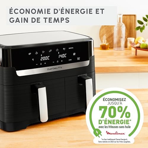 Moulinex air fryer deux compartiments, très grande capacité 11L, 10 personnes, 7 Programmes automatiques, friteuse sans huile, Ecran tactile digital, Dual inox, EZ942BF0, Gris foncé : Cuisine et Maison