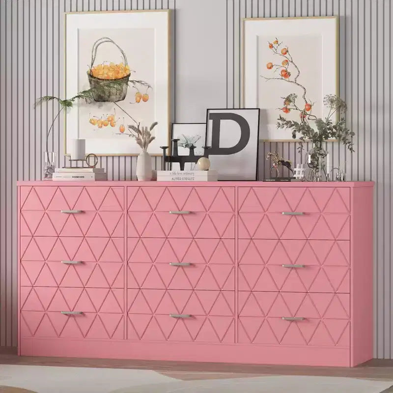 Zstar Commode triple moderne à 9 tiroirs, Meuble de rangement en bois pour chambre à coucher avec prises de courant
