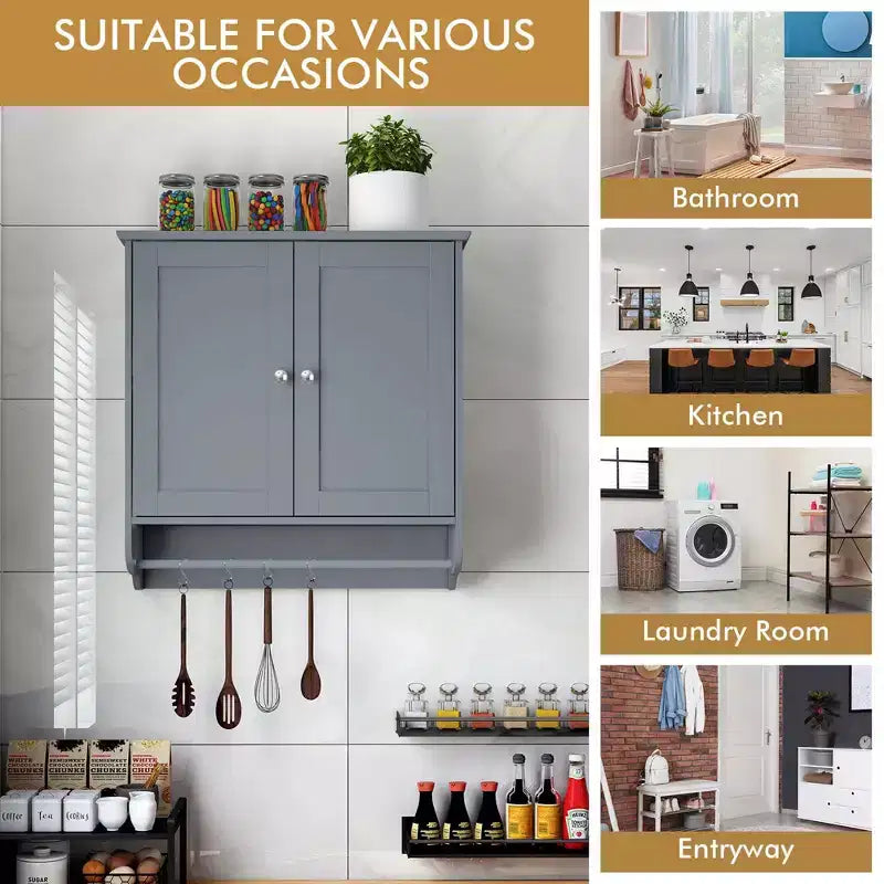 Armoire de salle de bain murale Costway avec barre porte-serviettes marron/gris
