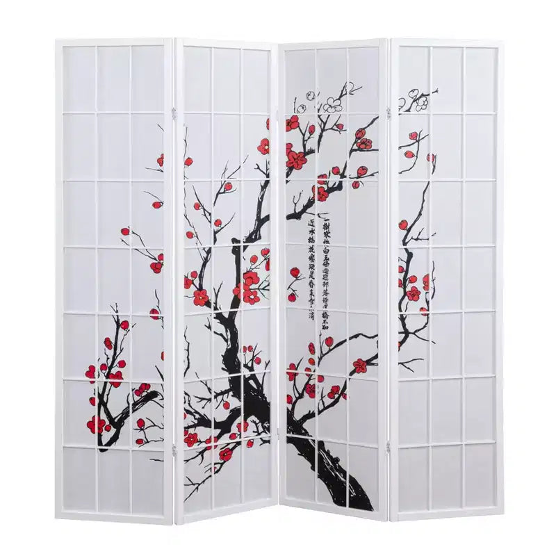 Séparateur de pièce Roundhill Furniture à 4 panneaux japonais, motif fleur de prunier