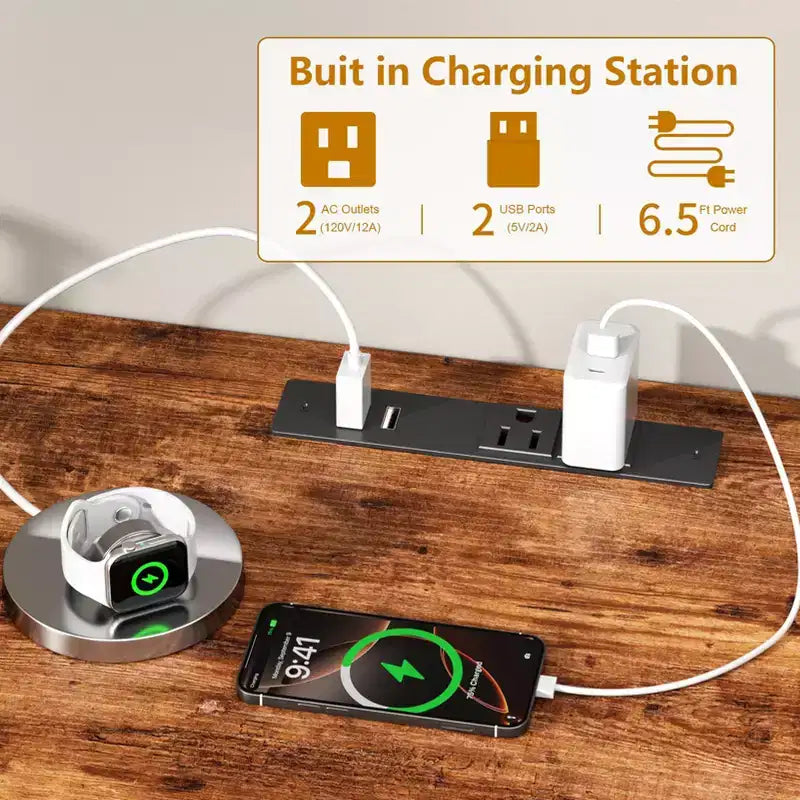 Meuble TV rustique marron de 55 pouces avec station de charge, lumières LED, 6 tiroirs en tissu, centre de divertissement pour téléviseurs jusqu'à 60 pouces, console multimédia