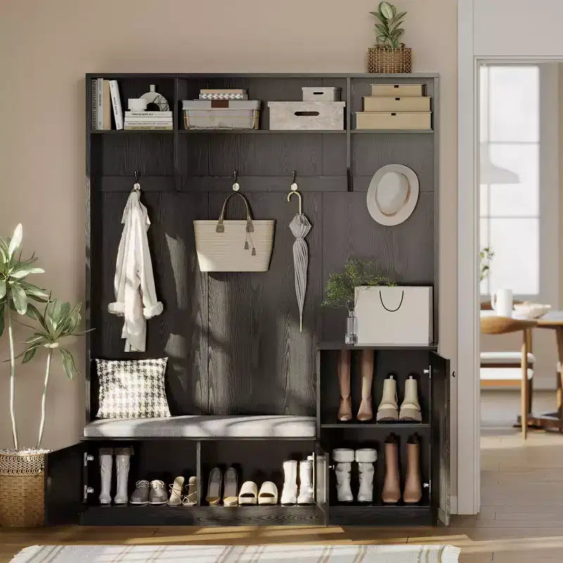 Banc et Rangement à Chaussures, Banc d'entrée de Ferme 3-en-1 avec Porte-Manteau, 4 Crochets, 4 Casiers à Chaussures et 3 Compartiments Ouverts, pour Entrée, Vestiaire