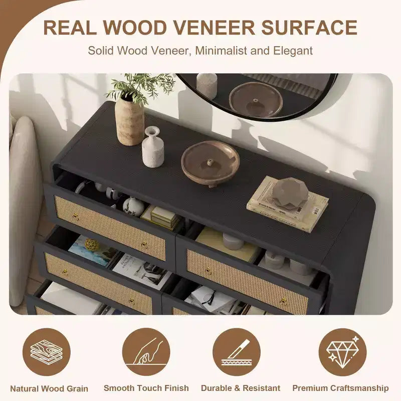 Commode à 6 tiroirs en rotin pour chambre à coucher, commode en bois de 117 cm de large, meuble TV, organisateur de rangement pour vêtements pour salon, noir