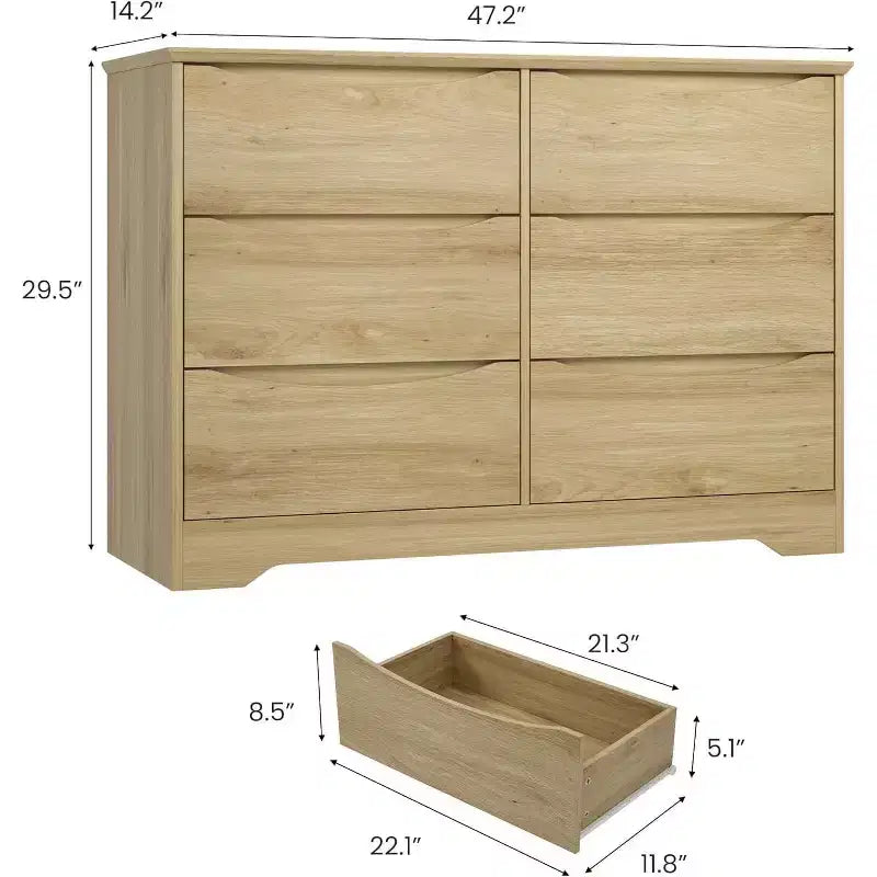 GustoWave Armoire Moderne, Commode de Rangement en Bois à 6 Tiroirs pour Chambre à Coucher, Salon, Couloir, Naturel