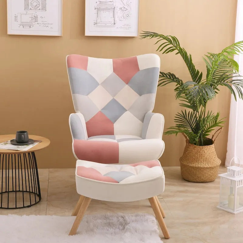 Fauteuil d'appoint avec pouf, ensemble fauteuil et pouf de salon, fauteuil d'appoint confortable pour chambre à coucher, surface en tissu à épissures créatives