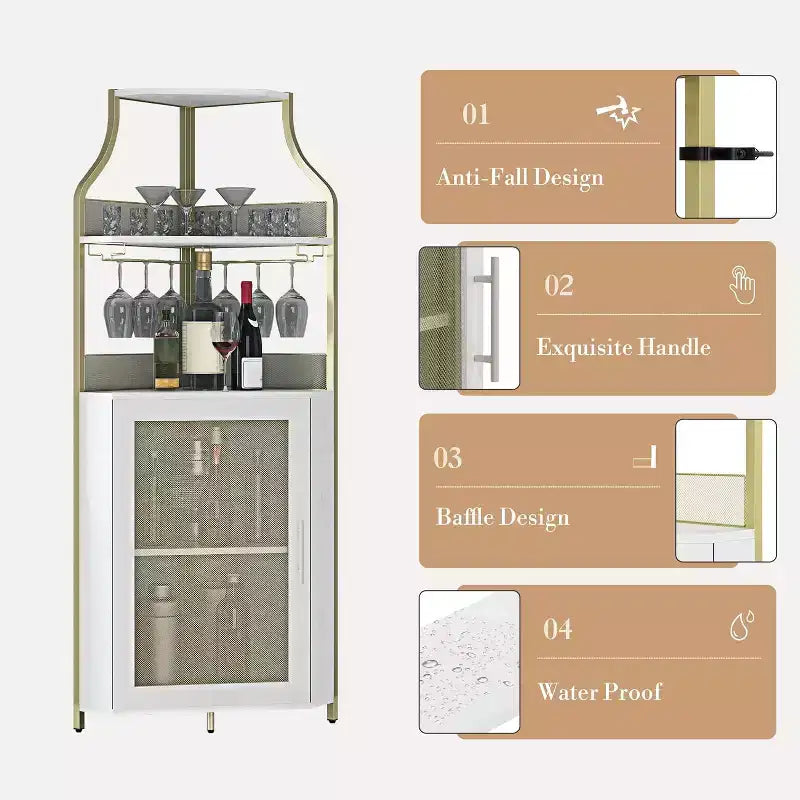 Meuble de bar d'angle CuisinSmart avec casier à vin amovible, meuble de bar avec porte-verres, petit buffet et armoire de rangement avec porte grillagée