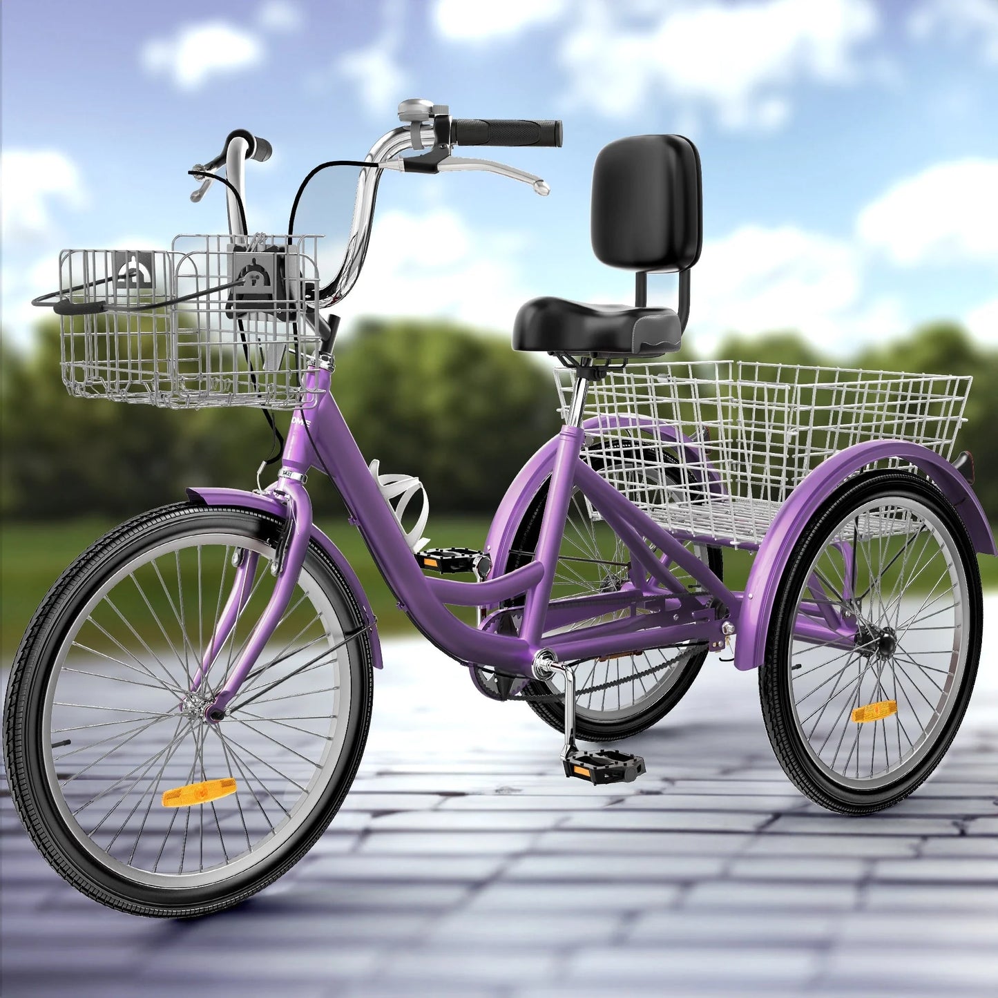 Tricycle adulte bleu 26 pouces à 3 roues avec paniers amovibles