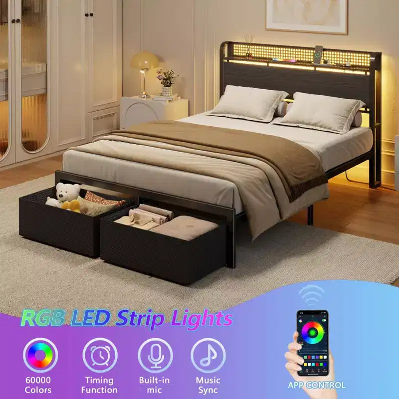 Cadre de lit plateforme pleine grandeur 2 tiroirs de rangement Tête de lit Lumières LED Station de charge Métal Bois robuste Pas besoin de sommier Chambre d'amis USB