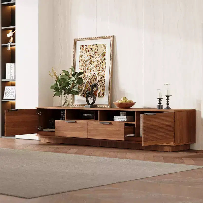 Meuble TV GDFStudio Yaakov 78 moderne et minimaliste avec lignes épurées, 2 tiroirs profonds et étagères ouvertes