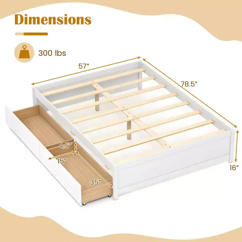 Lit plateforme en bois Costway, pleine/double, avec 2 tiroirs de rangement roulants, support à lattes en bois, naturel/blanc