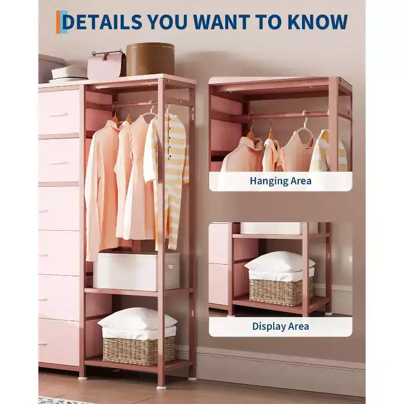 Commode de rangement avec 16 tiroirs, tringle à vêtements et étagères, organisateur de rangement en tissu pour chambre à coucher, placard ou entrée