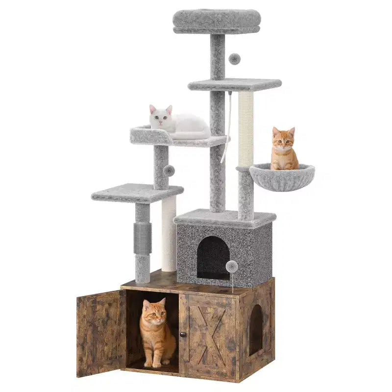 Arbre à chat et tour d'activité moderne 2-en-1 avec cache-litière, meuble pour chat tout-en-un, maison en bois avec espace litière caché pour chaton, avec hamac et poteaux à griffer
