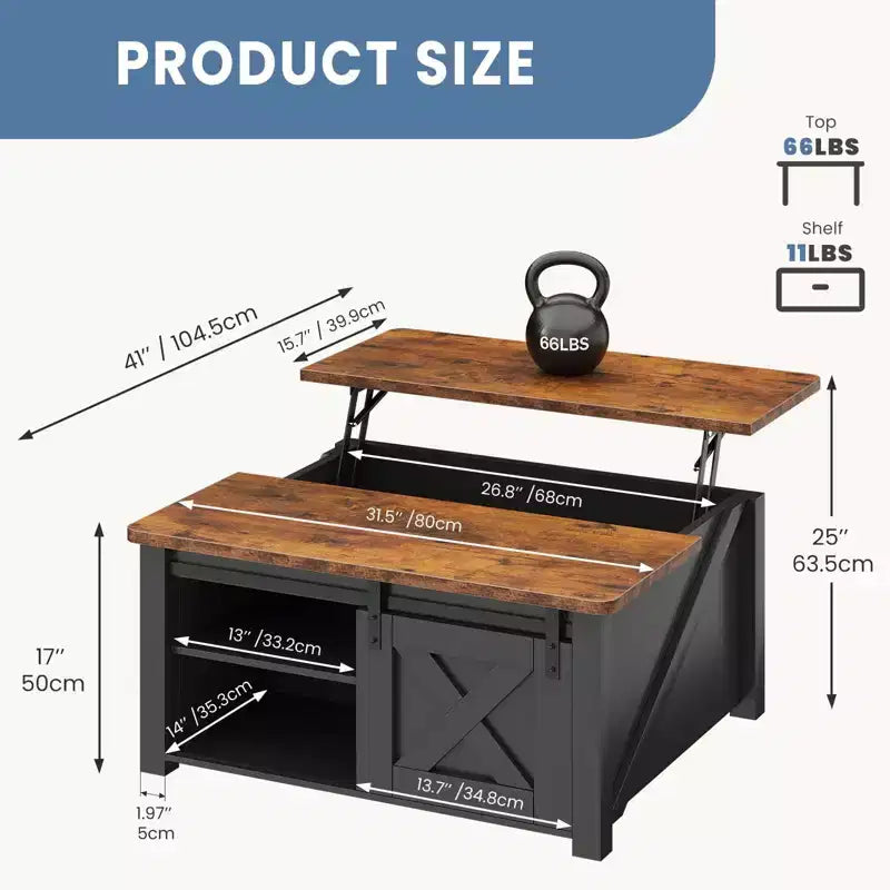Table basse relevable JIONJOY 31,5" avec grand espace de rangement dissimulé, étagères réglables, table basse carrée de style ferme pour salon, petits espaces