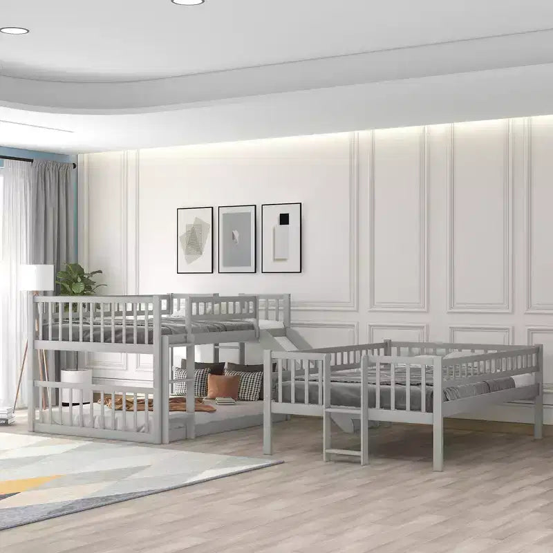 Lit superposé triple pour deux personnes avec échelle convertible et toboggan, lit triple avec barrières de sécurité, blanc/gris/espresso - ModernLuxe