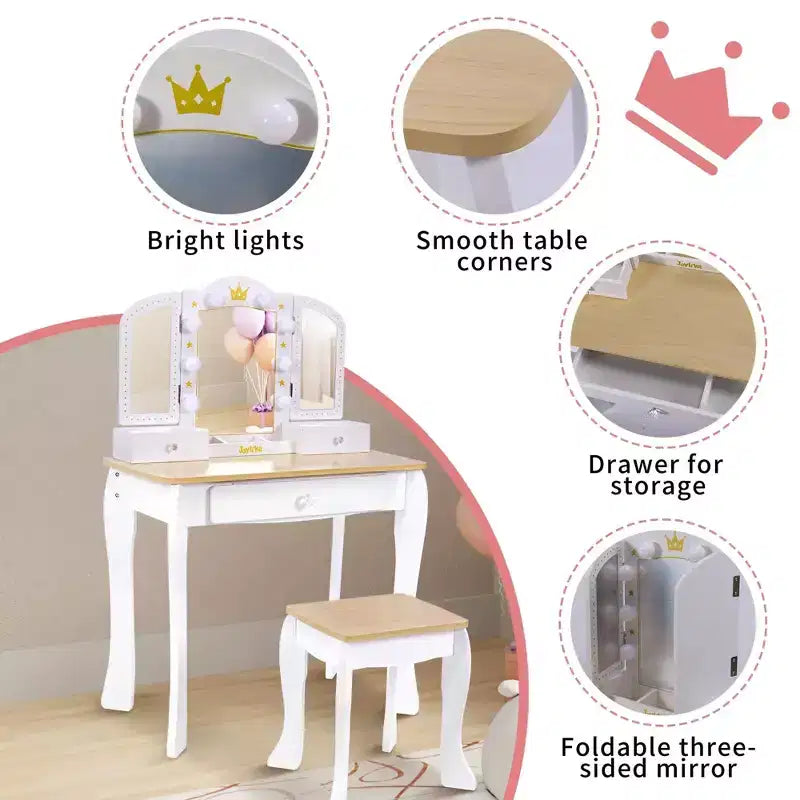 Freniland - Coiffeuse Princesse pour Enfants avec Miroir Lumineux et Tabouret, Table de Maquillage en Bois avec Tiroirs de Rangement
