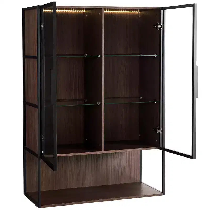 CLIHOME Vitrine haute lumineuse de 130 cm avec porte en verre trempé et cadre en métal, meuble de curiosités à LED