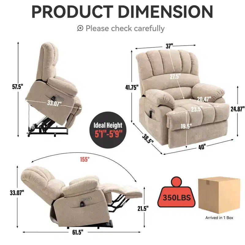 CLIHOME Fauteuil inclinable électrique releveur en chenille grande taille, largeur d'assise 23 pouces et dossier haut, avec massage vibrant 8 points et chauffage lombaire