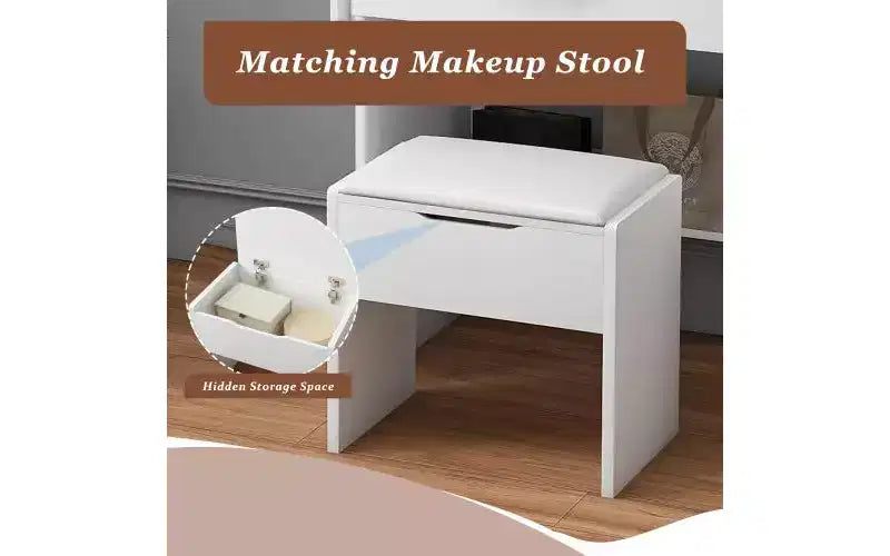 Coiffeuse JVNOXK avec miroir lumineux LED et prise électrique, 3 tiroirs, 7 étagères et tabouret de rangement, convient aux femmes, blanc