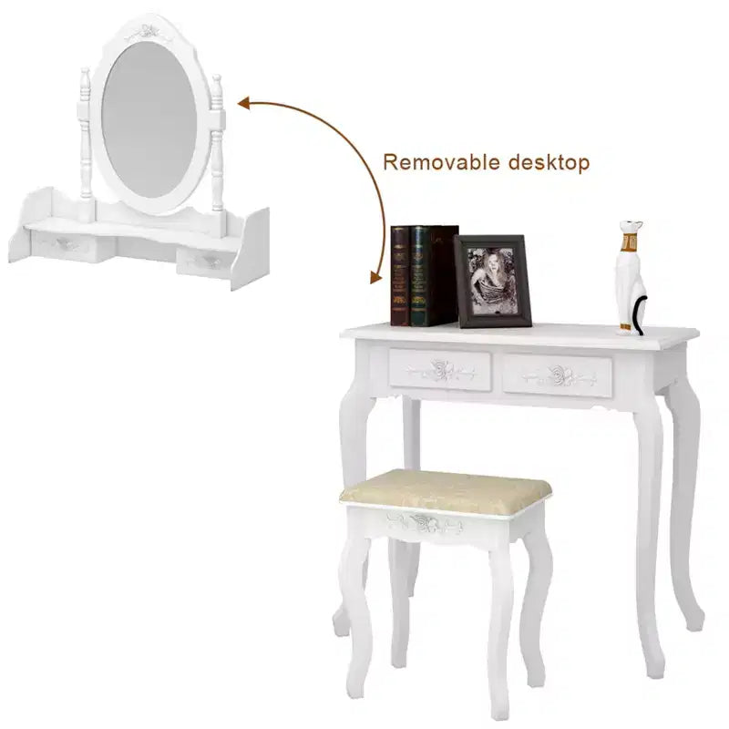 Coiffeuse avec tabouret, table de maquillage avec miroir rotatif à 360°, coiffeuse avec tabouret rembourré et 4 tiroirs